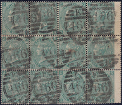 121884 1865 1S GREEN PL.4 WMK EMBLEMS ON THICK PAPER (SG101b) USED BLOCK OF TWELVE.