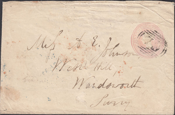 121888 1847 1D PINK ENVELOPE KNOWLE (WARKS) TO WANDSWORTH ON REVERSE 'KNOWLE' MAIL BAG HAND STAMP.