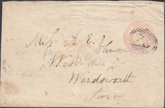 121888 1847 1D PINK ENVELOPE KNOWLE (WARKS) TO WANDSWORTH ON REVERSE 'KNOWLE' MAIL BAG HAND STAMP.