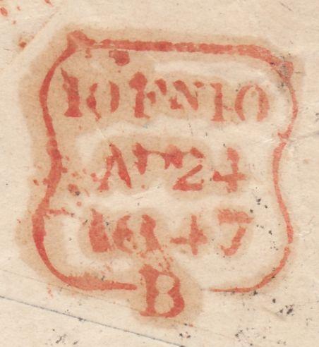 121888 1847 1D PINK ENVELOPE KNOWLE (WARKS) TO WANDSWORTH ON REVERSE 'KNOWLE' MAIL BAG HAND STAMP.