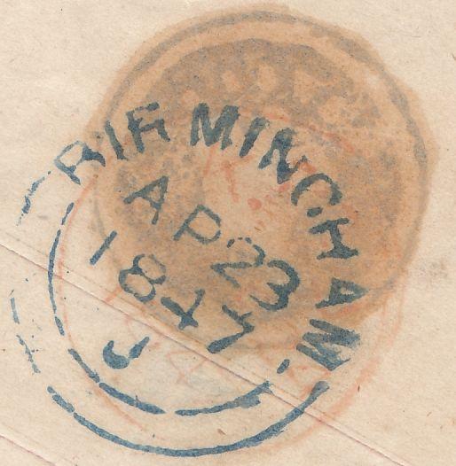 121888 1847 1D PINK ENVELOPE KNOWLE (WARKS) TO WANDSWORTH ON REVERSE 'KNOWLE' MAIL BAG HAND STAMP.