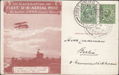 121890 1911 FIRST OFFICIAL U.K. AERIAL POST/LONDON POST CARD IN RED-BROWN TO BERLIN.
