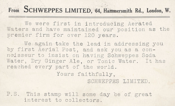 121897 1911 FIRST OFFICIAL U.K. AERIAL POST/LONDON POST CARD IN BROWN WITH 'SCHWEPPES LIMITED' ADVERT.