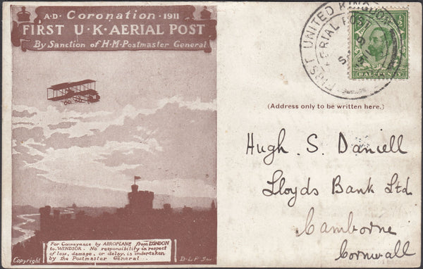 121903 1911 FIRST OFFICIAL U.K. AERIAL POST/LONDON POST CARD IN BROWN TO CORNWALL.