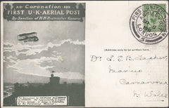 121905 1911 FIRST OFFICIAL U.K. AERIAL POST/LONDON POST CARD IN OLIVE-GREEN TO CARNARVON.