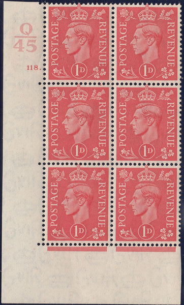 121922 1941 1D PALE SCARLET (SG486) CYLINDER 118. CONTROL Q/45 BLOCK OF SIX.