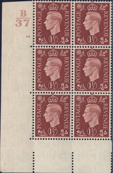 121927 1937 1½D RED-BROWN (SG464) CYLINDER 32 CONTROL B/37 BLOCK OF SIX.