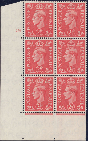 121930 1951 2½D PALE SCARLET (SG507) CYLINDER 270 BLOCK OF SIX.