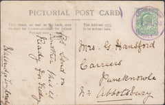 121959 1905 LONG BREDY/DORCHESTER RUBBER DATE STAMP IN PURPLE TO ABBOTSBURY.