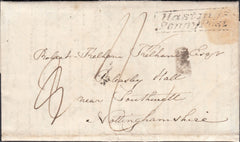 122002 1834 MAIL ST. LEONARDS ON SEA TO SOUTHWELL WITH 'HASTINGS PENNY POST' HAND STAMP (SK626).