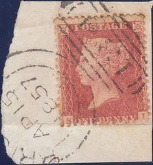 122030 1857 DIE 2 1D PL.47 PALE RED ON TRANSITIONAL PAPER (SPEC C9(3)(SI) ON DATED PIECE.