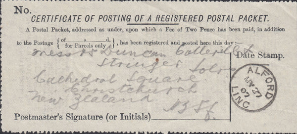 122049 1907 'CERTIFICATE OF POSTING OF A REGISTERED POSTAL PACKET' WITH ALFORD/LINC DATE STAMP.