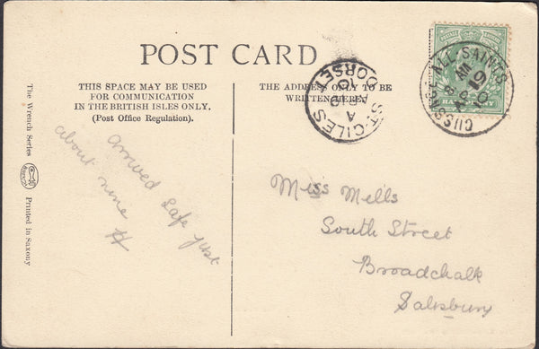 122141 1910 MAIL TO SALISBURY WITH GUSSAGE ALL SAINTS DATE STAMP.