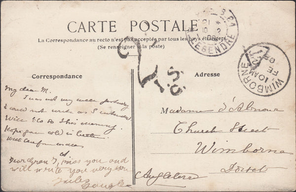 122173 1908 UNPAID MAIL FRANCE TO WIMBORNE.