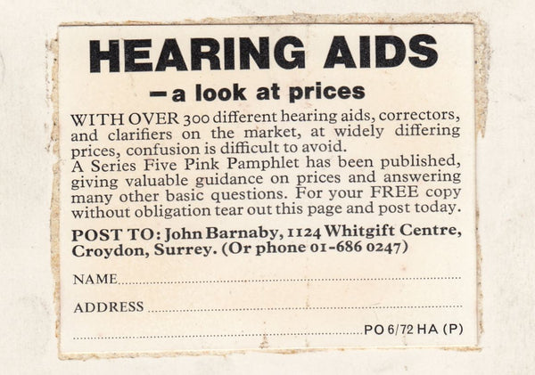 122225 ADVERTISEMENT PROOF 'HEARING AIDS' 1972 25P BOOKLET.