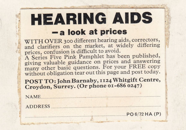 122225 ADVERTISEMENT PROOF 'HEARING AIDS' 1972 25P BOOKLET.