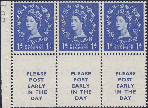 122228 1954 1D BOOKLET PANE WITH 1D X 3 AND 3 PRINTED LABELS (SG516la).