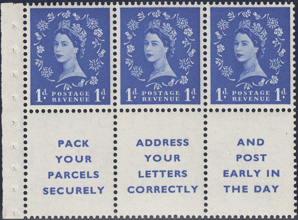 122229 1955 1D BOOKLET PANE WITH 1D X 3 AND 3 PRINTED LABELS INVERTED WATERMARK (SG541laWi).
