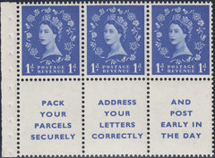 122229 1955 1D BOOKLET PANE WITH 1D X 3 AND 3 PRINTED LABELS INVERTED WATERMARK (SG541laWi).
