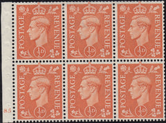 122235 1950 KGVI ½D PALE ORANGE (SG503) BOOKLET PANE OF SIX CYLINDER E85.