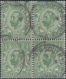 122259 1912 ½D DOWNEY DIE 1B WATERMARK SIMPLE CYPHER (SG335) VARIETY 'DIAGONAL SCRATCH BELOW PE OF PENNY' (SPEC N3g) USED BLOCK OF FOUR.