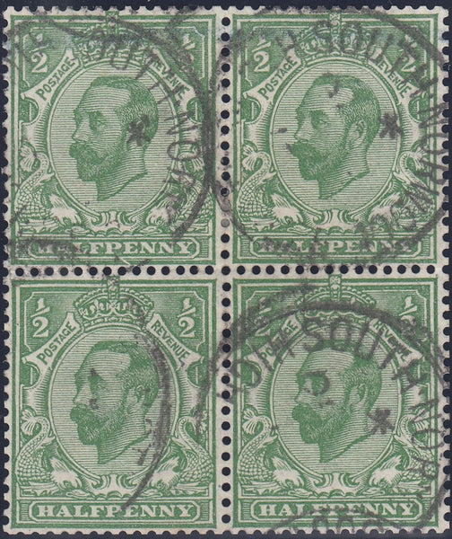 122259 1912 ½D DOWNEY DIE 1B WATERMARK SIMPLE CYPHER (SG335) VARIETY 'DIAGONAL SCRATCH BELOW PE OF PENNY' (SPEC N3g) USED BLOCK OF FOUR.