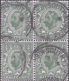 122259 1912 ½D DOWNEY DIE 1B WATERMARK SIMPLE CYPHER (SG335) VARIETY 'DIAGONAL SCRATCH BELOW PE OF PENNY' (SPEC N3g) USED BLOCK OF FOUR.
