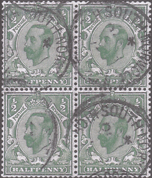 122259 1912 ½D DOWNEY DIE 1B WATERMARK SIMPLE CYPHER (SG335) VARIETY 'DIAGONAL SCRATCH BELOW PE OF PENNY' (SPEC N3g) USED BLOCK OF FOUR.