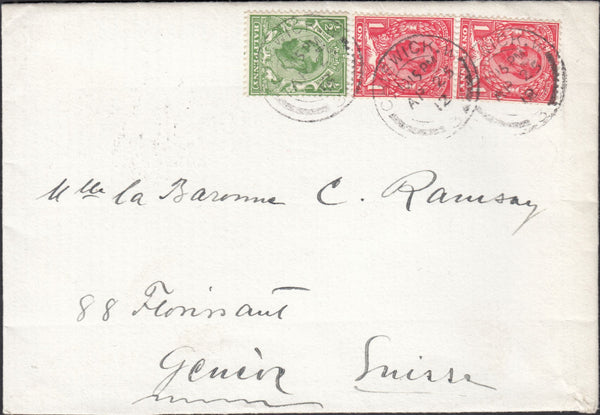 122260 1911 1D DOWNEY DIE 1B WATERMARK CROWN (SG329) VARIETY 'OPEN TOP TO LEAF' (SPEC N8l) ON COVER CHISWICK TO SWITZERLAND.
