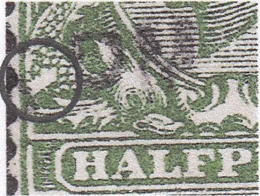 122298 1912 ½D DOWNEY DIE 2 WATERMARK SIMPLE CYPHER (SG344) WHITE UNPRINTED PATCH ON DOLPHIN.