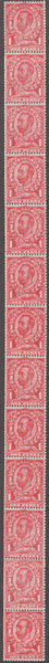 122333 1912 1D DOWNEY DIE 2 WATERMARK CROWN (SG342) COIL JOINS (SPEC N11g) IN VERTICAL STRIP OF THIRTEEN.