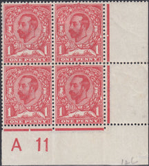 122350 1911 1D DOWNEY DIE 1A WATERMARK CROWN (SG328) CORNER BLOCK OF FOUR WITH CONTROL.