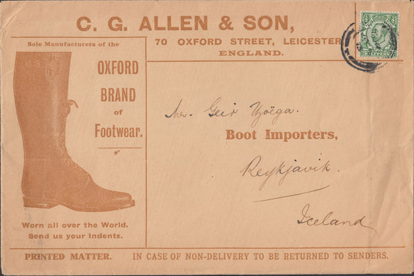 122363 1913 ILLUSTRATED ADVERTISING MAIL LEICESTER TO ICELAND.