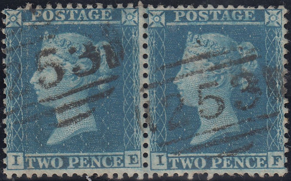 122367 1855 2D BLUE PL.5 S.C.14 (SG23) HORIZONTAL PAIR LETTERED IE IF.