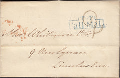 122521 1830 LONDON 'T.P/PALL MALL' HAND STAMP IN BLUE USED IN LONDON.