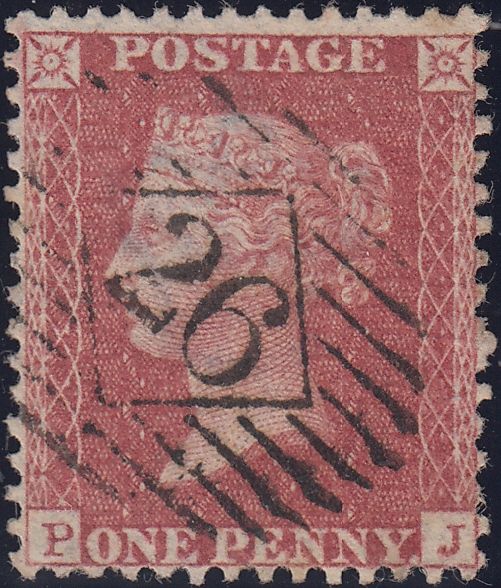 122654 1856-7 1D PL.42 MATCHED PAIR LETTERED PJ ON BLUED PAPER (SG29) AND WHITE PAPER (SG40).