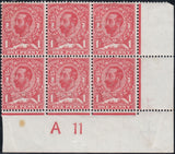 122659 1911 1D DOWNEY DIE 1A WATERMARK CROWN (SG327) CONTROL A 11 BLOCK OF SIX WITH VARIETY 'GASH UNDER CROWN' (SPEC N7j).