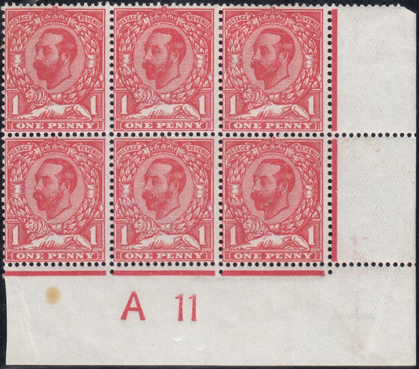 122659 1911 1D DOWNEY DIE 1A WATERMARK CROWN (SG327) CONTROL A 11 BLOCK OF SIX WITH VARIETY 'GASH UNDER CROWN' (SPEC N7j).