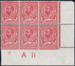 122659 1911 1D DOWNEY DIE 1A WATERMARK CROWN (SG327) CONTROL A 11 BLOCK OF SIX WITH VARIETY 'GASH UNDER CROWN' (SPEC N7j).