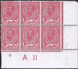 122659 1911 1D DOWNEY DIE 1A WATERMARK CROWN (SG327) CONTROL A 11 BLOCK OF SIX WITH VARIETY 'GASH UNDER CROWN' (SPEC N7j).