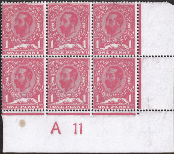 122659 1911 1D DOWNEY DIE 1A WATERMARK CROWN (SG327) CONTROL A 11 BLOCK OF SIX WITH VARIETY 'GASH UNDER CROWN' (SPEC N7j).