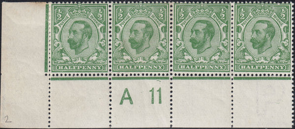 122667 1911 ½D DOWNEY DIE 1B WATERMARK CROWN (SG325) CONTROL A 11 STRIP OF FOUR.