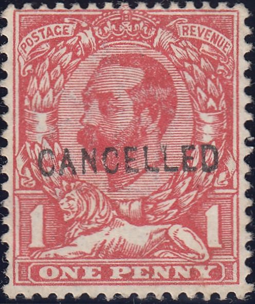 122670 1911 1D DOWNEY DIE A WATERMARK CROWN (SG327) OVERPRINTED 'CANCELLED' TYPE 24.