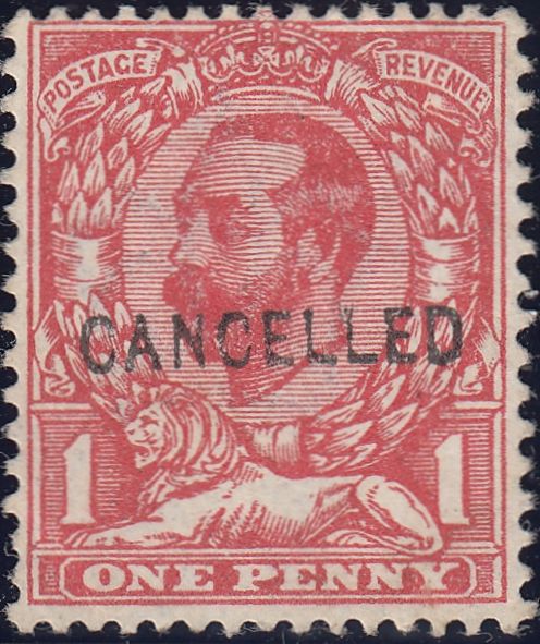 122670 1911 1D DOWNEY DIE A WATERMARK CROWN (SG327) OVERPRINTED 'CANCELLED' TYPE 24.