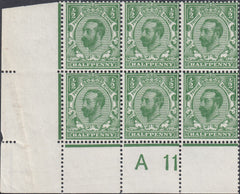122672 1911 ½D DOWNEY DIE 1A WATERMARK CROWN (SG322) CONTROL A 11 BLOCK OF SIX.