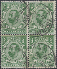 122693 1911 ½D DOWNEY DIE 1A WATERMARK CROWN (SG322) USED BLOCK OF FOUR FIRST DAY USAGE.