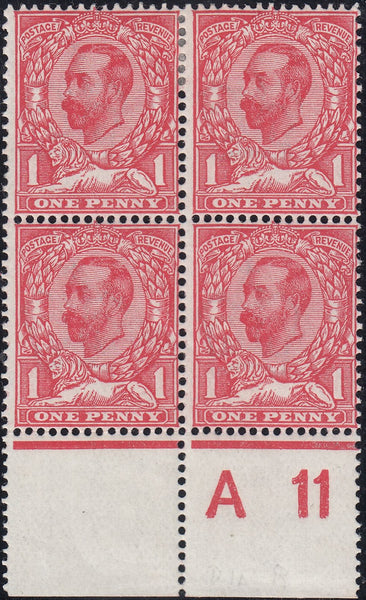 122712 1911 1D DOWNEY DIE 1B WATERMARK CROWN (SG329) CONTROL A 11 BLOCK OF FOUR WITH VARIETY N8d.