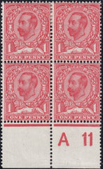 122712 1911 1D DOWNEY DIE 1B WATERMARK CROWN (SG329) CONTROL A 11 BLOCK OF FOUR WITH VARIETY N8d.