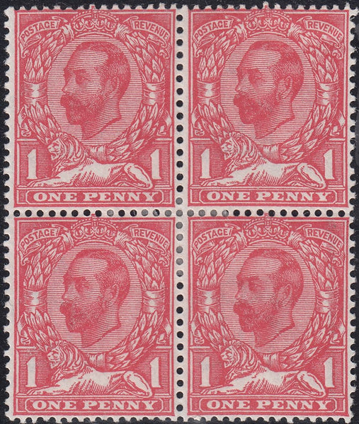 122713 1911 1D DOWNEY DIE 1B WATERMARK CROWN (SG329) BLOCK OF FOUR WITH VARIETY N8d.