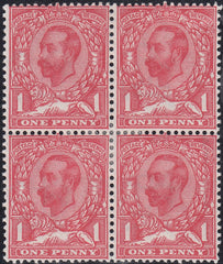 122713 1911 1D DOWNEY DIE 1B WATERMARK CROWN (SG329) BLOCK OF FOUR WITH VARIETY N8d.